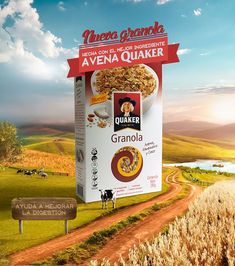 an advertisement for granola is shown on the side of a dirt road in front of a field