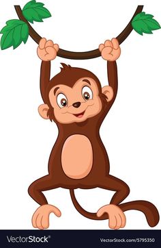 a cartoon monkey hanging from a tree branch with leaves on it's back legs