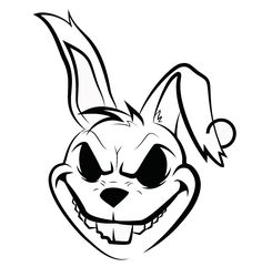 an evil rabbit face with big eyes and large ears, drawn in black on a white background