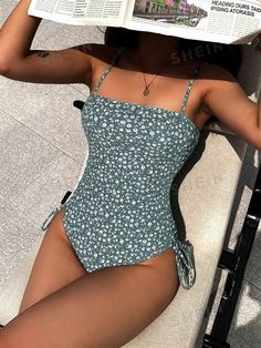 Free Returns ✓ Free Shipping✓. SHEIN Swim Summer Beach Ditsy Floral Print Drawstring One Piece Swimsuit- Women One-Pieces at SHEIN. Aesthetic Swimsuit, Modest Bathing Suit, Cute One Piece Swimsuits, Swimsuit Inspo, Bathing Suits One Piece, Swimsuits Outfits, Modest Swimsuits, Modest Swimwear