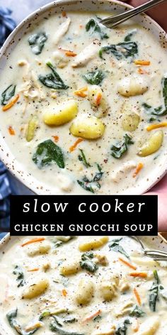 two bowls of slow cooker chicken gnocchi soup with spinach and potatoes