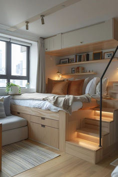 a bed sitting under a window next to a stair case in front of a window