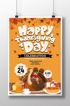 a happy thanksgiving day celebration flyer with turkeys and other foods on the table in front of an orange background