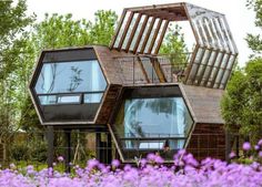 an unusual house made out of wooden and glass in the middle of purple wildflowers