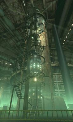 an industrial area with stairs and lights