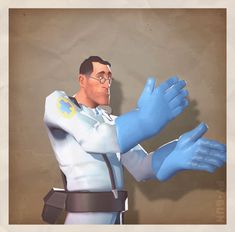 an animated man wearing blue gloves and holding his hands out