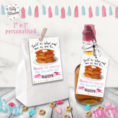 two personalised pancakes for sharing the day with mardinne syrup and donuts