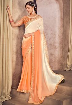 Embroidered Border Chiffon Saree in Shaded Orange and Off White Off White Saree, Velvet Saree, Saree Beautiful, Light Peach Color, Latest Designer Sarees, Indian Sarees Online