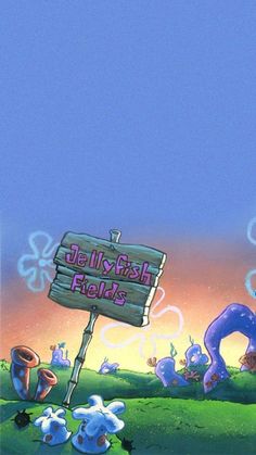 an image of a cartoon character holding a cell phone in front of a sign that says jellyfish park