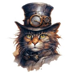 a drawing of a cat wearing a top hat and steampunking gear on it's head