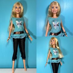 three pictures of a barbie doll with blonde hair and black pants, wearing a blue t - shirt