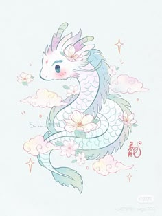 a drawing of a dragon with flowers and clouds