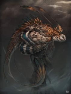 an artistic painting of a bird with feathers on its head and wings in the air