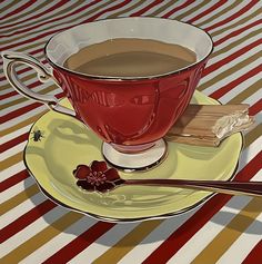 a painting of a cup of coffee and some cookies on a plate with a spoon