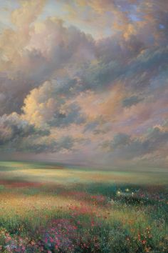 an oil painting of clouds over a field with wildflowers and grass in the foreground