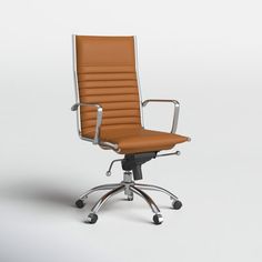 an office chair with brown leather upholstered seat and chrome frame base, viewed from the front