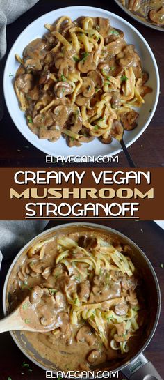 creamy vegan mushroom stroganone in a skillet