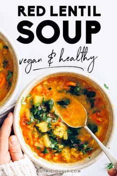 two bowls of red lentil soup with vegetables and healthy broth