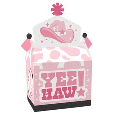 a pink and white box with the word yee yaw on it