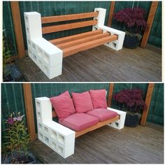 two pictures of a bench made out of cinder blocks and wood with pink pillows on it