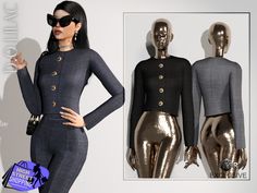 an image of a woman in gold pants and black top with two mannequins