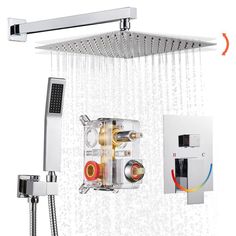 an overhead shower head with thermostaer and faucet connected to it