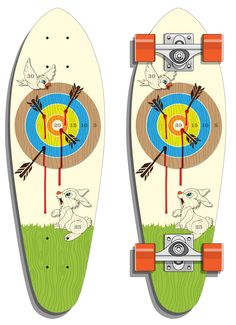 an image of a skateboard with arrows in the center and birds flying around it