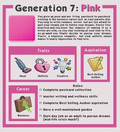 a pink poster with the words generation 7 pink in it's center and other things on