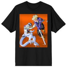 Show you are Team Trunks with this Dragon Ball Z men's black graphic tee. This totally cool t-shirt features a big colorful graphic of Trunks' famous fight with the emperor Frieza. All graphics have been professionally printed to ensure long-lasting print quality. The Dragon Ball Z Trunks vs. Chibi fan apparel t-shirt is a classic black, and includes short sleeves for both style and comfort in all sorts of weather. The Dragon Ball Z anime tee is made of 100% preshrunk cotton. It can be machine w Dragon Ball Z Trunks, Dragon Ball Z Anime, Character Group, Black Graphic Tee, Anime Tees, Black Graphic Tees, Pattern Drawing, The Dragon, Dragon Ball Z