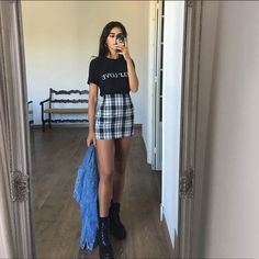 Free Shipping-BLACK AND WHITE PLAID SKIRT · NEW ARRIVAL · Online Store Powered by Storenvy Grunge Style Outfits, Black And White Plaid Skirt, Mini Skirt Fashion, Plaid Skirt Outfit, Grunge Shirt, Cute Skirt Outfits, Elegante Casual, Tyler The Creator, Skirt Outfit