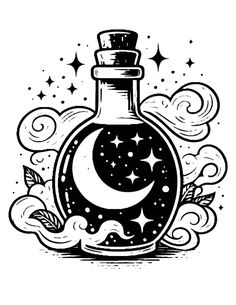 an ink drawing of a bottle with the moon and stars in it, surrounded by clouds