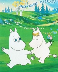 there are two cartoon bears playing together in the grass with trees and mountains behind them