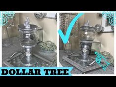 the dollar tree has been decorated with silver and blue accents, including a glass container