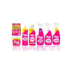 three bottles of pink cleaning products next to each other