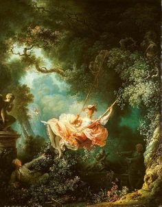 a painting of a woman in a pink dress swinging on a swing by a tree