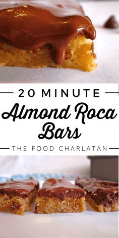 there are two pictures of almond rocca bars with chocolate drizzle on top