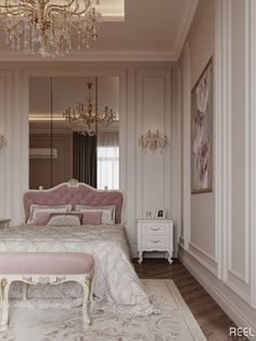 a bedroom with a pink bed, chandelier and two white tables in front of it