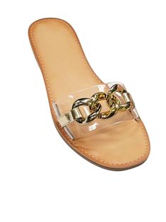 Clear, CCOCCI slide on sandal with gold chain detail. Fits true to size Sizes 5.5 thru 10 are available. Fancy Sandals, Gold Slides, Tory Burch Miller Sandal, Slide On, Bedroom Lighting, Havana, Gold Chain, Gold Chains, Tory Burch