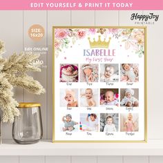 a baby's first year poster with photos and flowers on the shelf next to a vase