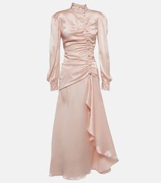 Ruched silk satin maxi dress in pink - Alessandra Rich | Mytheresa Light Pink Bridesmaid Dresses, Rich Clothes, Spring Maxi Dress, Pink Bridesmaid Dresses, Alessandra Rich, Pink Gowns, Luxury Women Fashion, Satin Maxi, Satin Maxi Dress