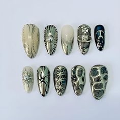 Nails Metallic Chrome, Nails Metallic, Almond Press On Nails, Emo Style, Gothic Emo, Goth Nails, Birthday Event, Nail Glue