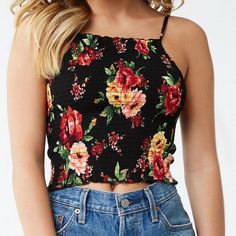 New With Tags Forever Smocked Floral Cami - Black Size: L A Woven Cami Featuring A Smocked Construction, An Allover Floral Print, Square Neck, Adjustable Cami Straps, And A Cropped Silhouette. Content + Care: - 100% Rayon - Hand Wash Cold #Nwt #Newwithtags #Forever21 #F21 #Cami #Floral #Black #Stretch #Stretchy #Tanktop #Tank #Floraltop #Floraltank Fitted Casual Smocked Crop Top, Black Top With Smocked Back For Vacation, Black Tops With Smocked Back For Vacation, Casual Stretch Crop Top With Smocked Back, Black Smocked Back Top For Summer, Black Smocked Top For Summer, Black Summer Smocked Top With Smocked Back, Casual Crop Top With Smocked Bodice, Casual Stretch Crop Top With Floral Print