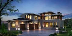 a large modern house with lots of windows and lights on it's front porch