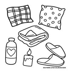 the contents of a bed with pillows, blankets and other things to be drawn on it