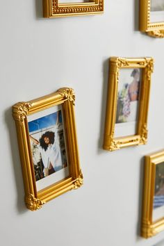 several gold framed pictures hang on the wall