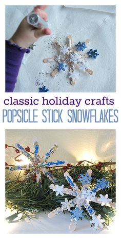 two pictures with snowflakes on them and the words classic holiday crafts popsicle stick snowflakes