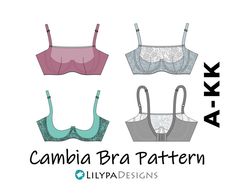 three bras are shown with the words cambia bra pattern on them and an image of