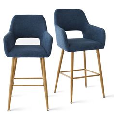 two blue upholstered stools with wooden legs, one on the left and one on the right