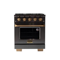 a black and gold stove with four burners on it's front, against a white background