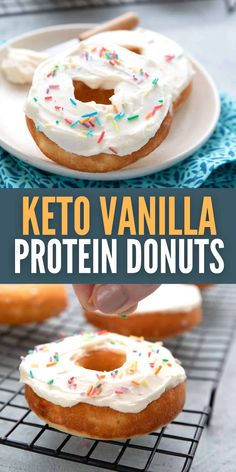 a close up of a doughnut on a cooling rack with the words keto vanilla protein donuts